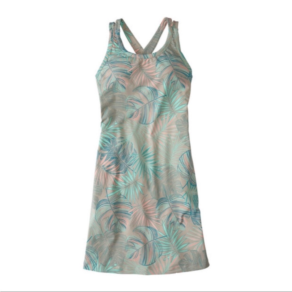 title nine Dress bra shelf cross back tropical palm leaves zipper pocket XS